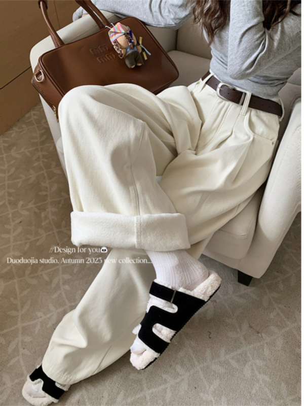 Γυναικείοι τζιν με επένδυση φλίς, παχιά και ζεστά για τον χειμώνα, ψηλή μέση, ίσια-ευρεία γραμμή