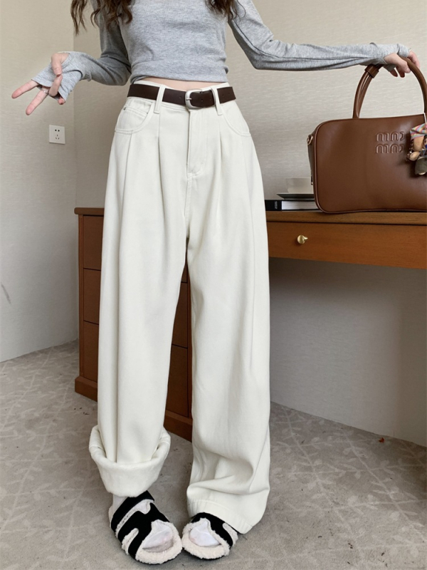 Γυναικείοι τζιν με επένδυση φλίς, παχιά και ζεστά για τον χειμώνα, ψηλή μέση, ίσια-ευρεία γραμμή