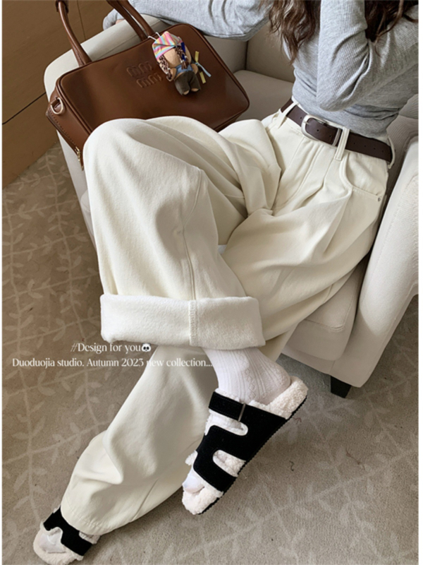 Γυναικείοι τζιν με επένδυση φλίς, παχιά και ζεστά για τον χειμώνα, ψηλή μέση, ίσια-ευρεία γραμμή