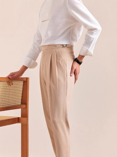 Ιταλικά παντελόνια με διπλή πιέτα, Νάπολης στυλ, ίσια γραμμή, μείγμα μαλλιού-πολυεστέρα, μικροελαστικότητα