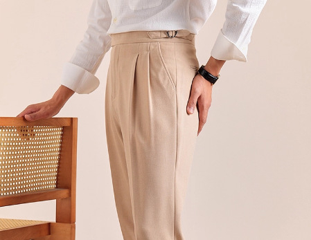 Ιταλικά παντελόνια με διπλή πιέτα, Νάπολης στυλ, ίσια γραμμή, μείγμα μαλλιού-πολυεστέρα, μικροελαστικότητα