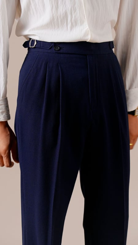 Ιταλικά παντελόνια με διπλή πιέτα, Νάπολης στυλ, ίσια γραμμή, μείγμα μαλλιού-πολυεστέρα, μικροελαστικότητα
