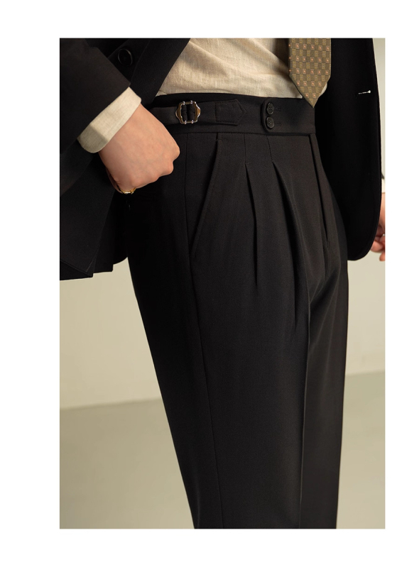 Ιταλικά παντελόνια με διπλή πιέτα, Νάπολης στυλ, ίσια γραμμή, μείγμα μαλλιού-πολυεστέρα, μικροελαστικότητα