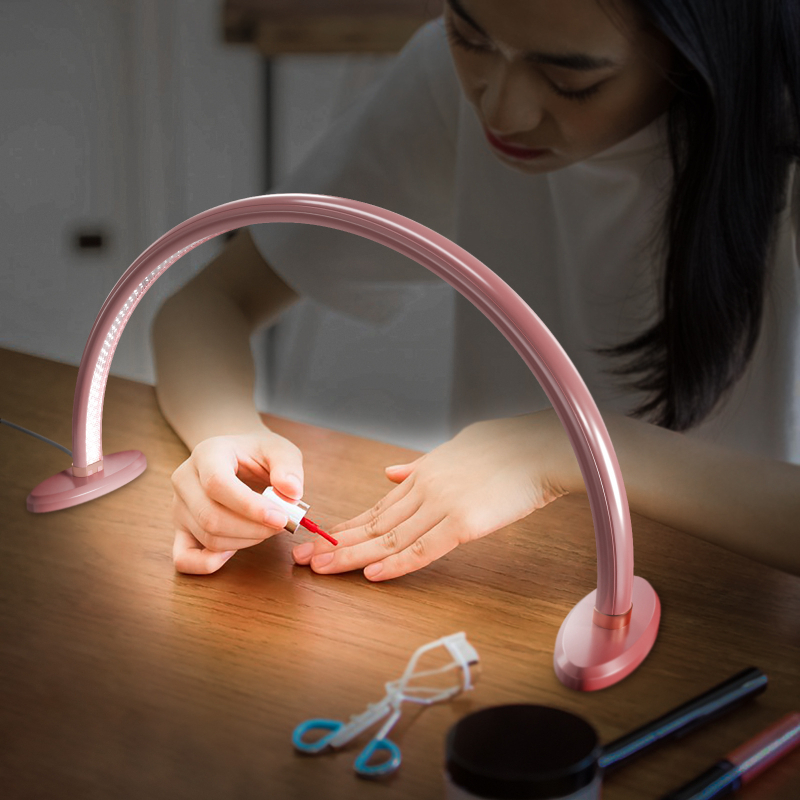 Lampa za njegu noktiju na stolu, LED lampa u obliku luka s trobojnim osvjetljenjem, USB napajanje, metalno sjenilo, gumb za uključivanje