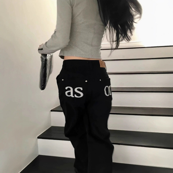 Blugi cu broderie pe buzunar cu litere, talie înaltă, croi drept lejer, din bumbac pentru femei, primăvara 2025