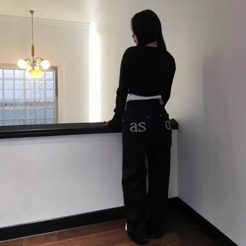 Blugi cu broderie pe buzunar cu litere, talie înaltă, croi drept lejer, din bumbac pentru femei, primăvara 2025