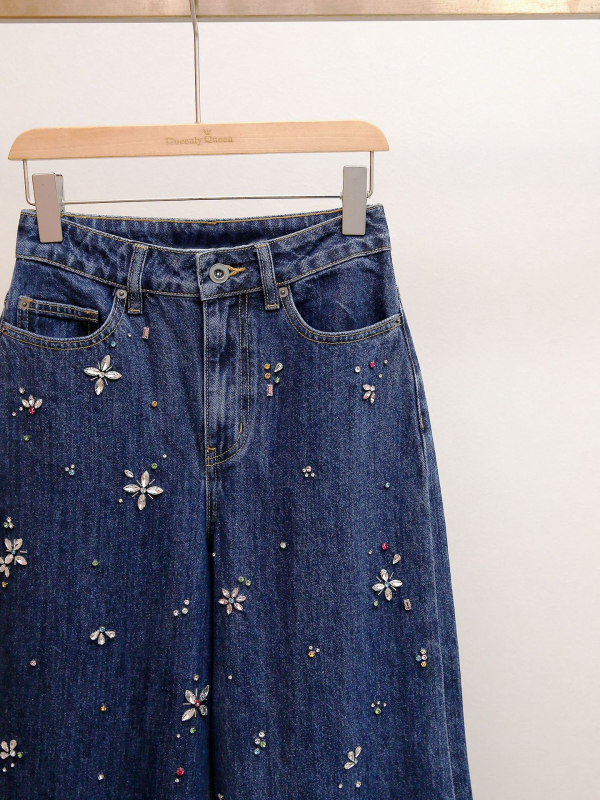 Traperice - široke nogavice, visokog struka, s dijamantnom ukrašenom, isprani denim