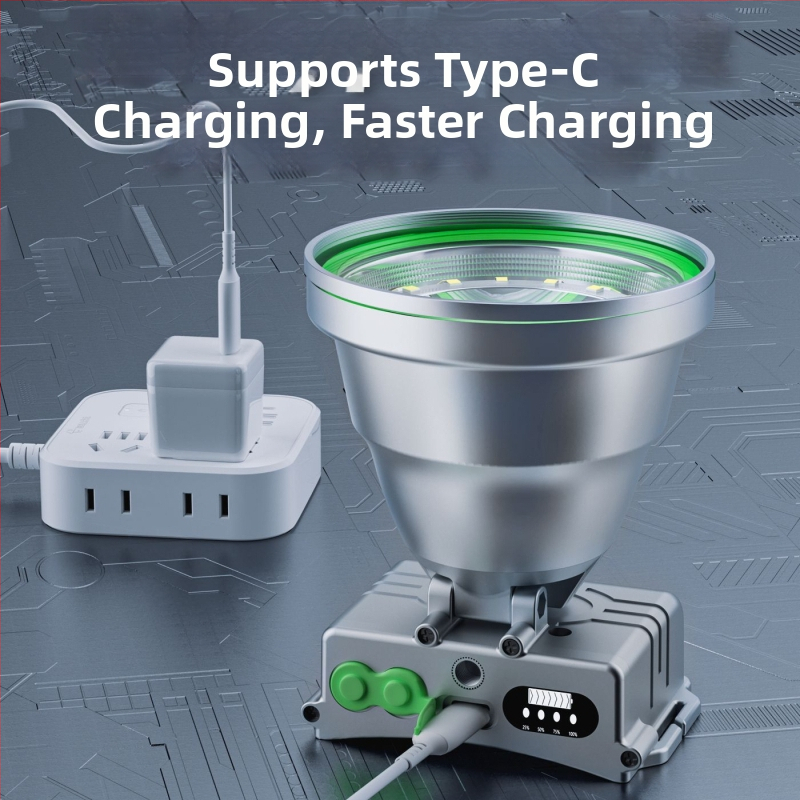 LED vonkajšia čelovka z hliníkovej zliatiny, batériové napájanie, kapacita batérie 6000, výkon 100, LED svetelný zdroj, dosah 200–500 m