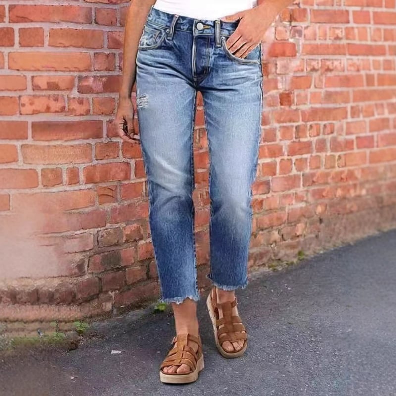 Τζιν, στενή γραμμή, denim με βαμβάκι-πολυεστέρα 50–70%, μέση ύψος, μήκος 9/10