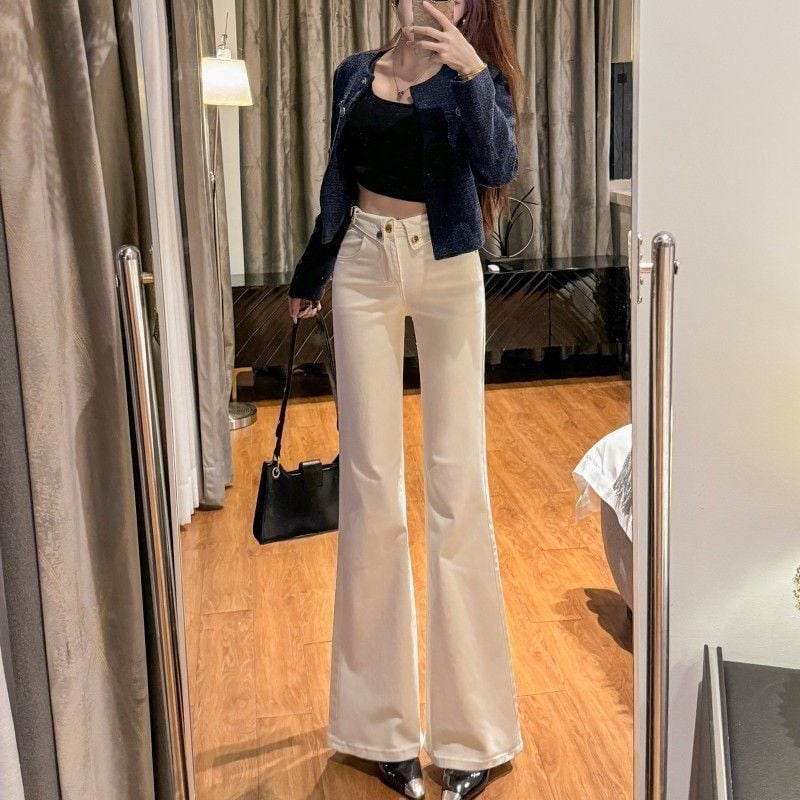 Traperice visokog struka s bootcut krojem od denima, mikroelastičnošću, labavim strukom, drapiranim krojem, Proljeće 2025