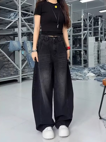 Ženske farmerice s širokim krojem, visokim strukom, denim od pamuka, sadržaj pamuka 50–70%, spandex