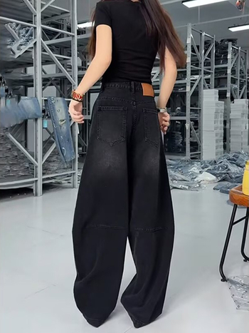 Ženske farmerice s širokim krojem, visokim strukom, denim od pamuka, sadržaj pamuka 50–70%, spandex
