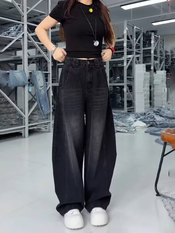 Ženske farmerice s širokim krojem, visokim strukom, denim od pamuka, sadržaj pamuka 50–70%, spandex