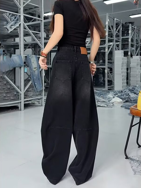 Ženske farmerice s širokim krojem, visokim strukom, denim od pamuka, sadržaj pamuka 50–70%, spandex