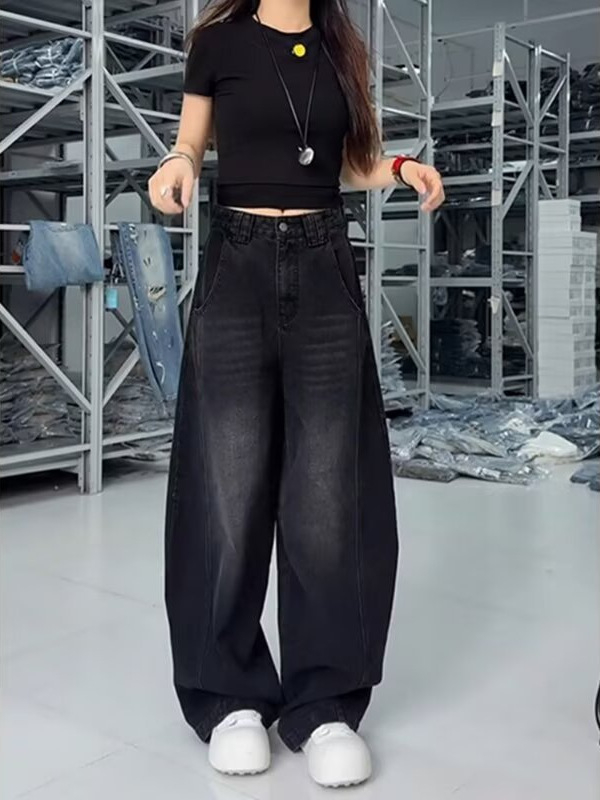 Ženske farmerice s širokim krojem, visokim strukom, denim od pamuka, sadržaj pamuka 50–70%, spandex