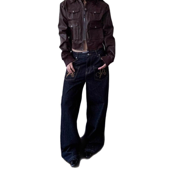F383 Ženske traperice s američkim retro stilom, s detaljima šivanja i pranjem, ravni kroj, široke nogavice, denim