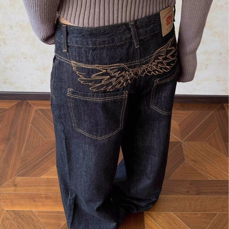 F383 Ženske traperice s američkim retro stilom, s detaljima šivanja i pranjem, ravni kroj, široke nogavice, denim