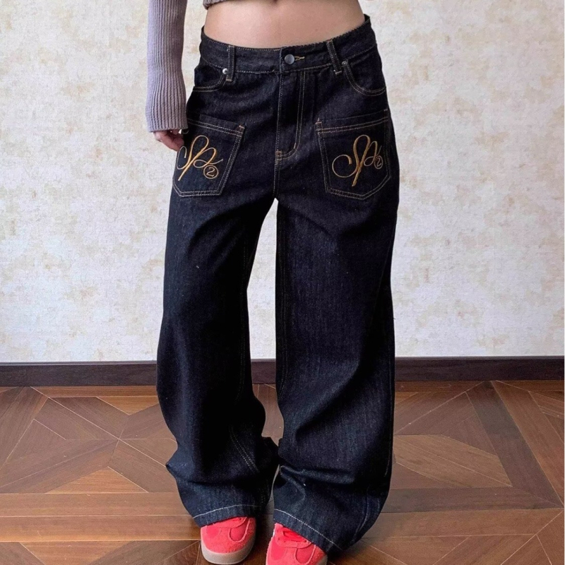 F383 Ženske traperice s američkim retro stilom, s detaljima šivanja i pranjem, ravni kroj, široke nogavice, denim
