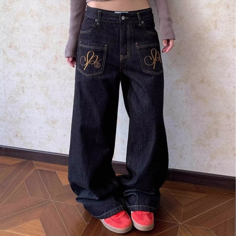 F383 Ženske traperice s američkim retro stilom, s detaljima šivanja i pranjem, ravni kroj, široke nogavice, denim