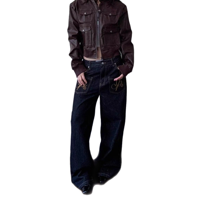 F383 Ženske traperice s američkim retro stilom, s detaljima šivanja i pranjem, ravni kroj, široke nogavice, denim