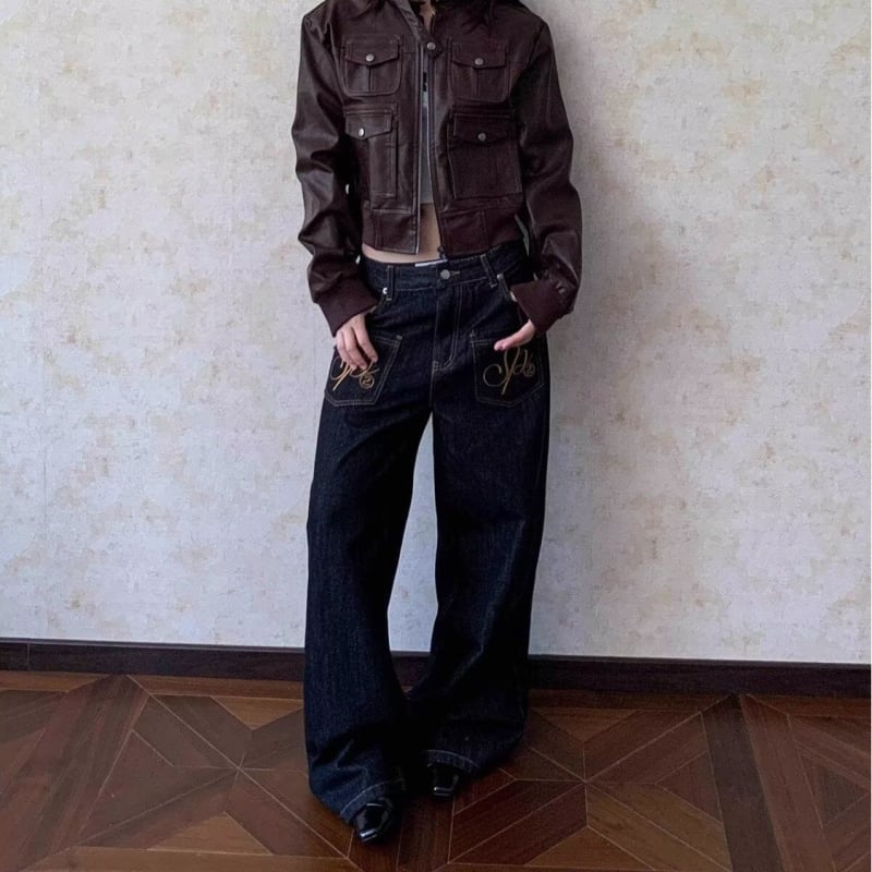 F383 Ženske traperice s američkim retro stilom, s detaljima šivanja i pranjem, ravni kroj, široke nogavice, denim