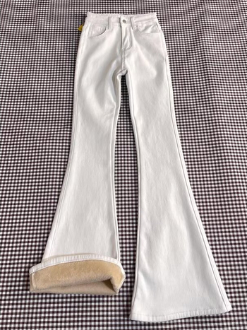 Traperice od denima s velurom, visokim strukom, bootcut kroj, debela tkanina, duljina do poda, jesen 2025