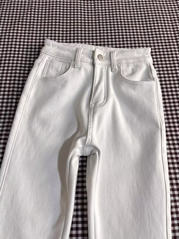 Traperice od denima s velurom, visokim strukom, bootcut kroj, debela tkanina, duljina do poda, jesen 2025