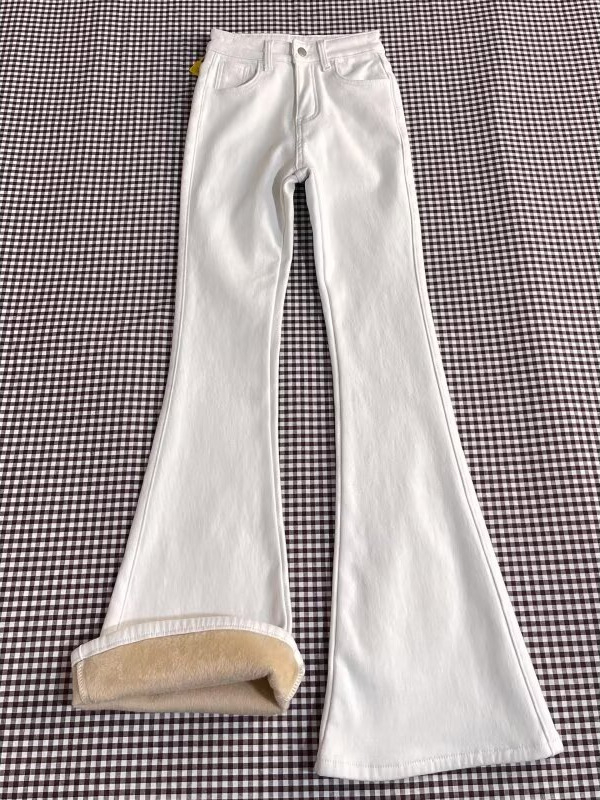 Traperice od denima s velurom, visokim strukom, bootcut kroj, debela tkanina, duljina do poda, jesen 2025