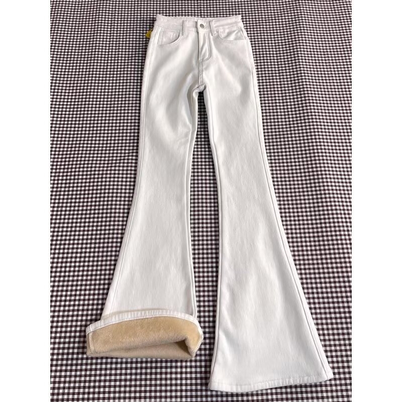 Traperice od denima s velurom, visokim strukom, bootcut kroj, debela tkanina, duljina do poda, jesen 2025