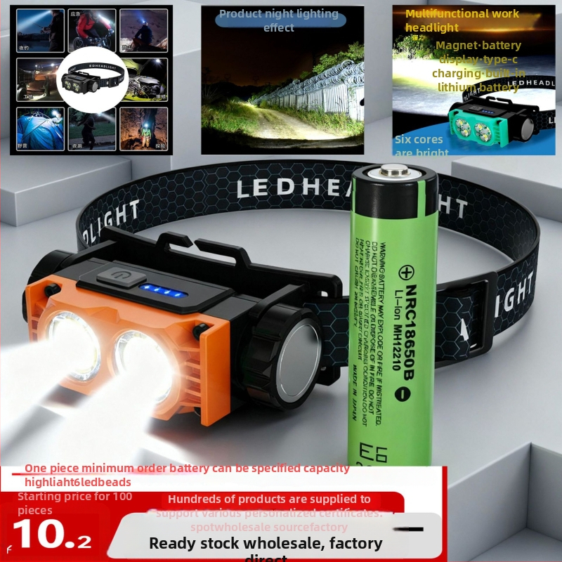 Čelová LED lampa s magnetickým upevnením pre kemping a nočné rybolov, LED svetlo, vstavaná batéria 1200 mAh, výkon 10 W, dosah 100–200 m, vodotesná