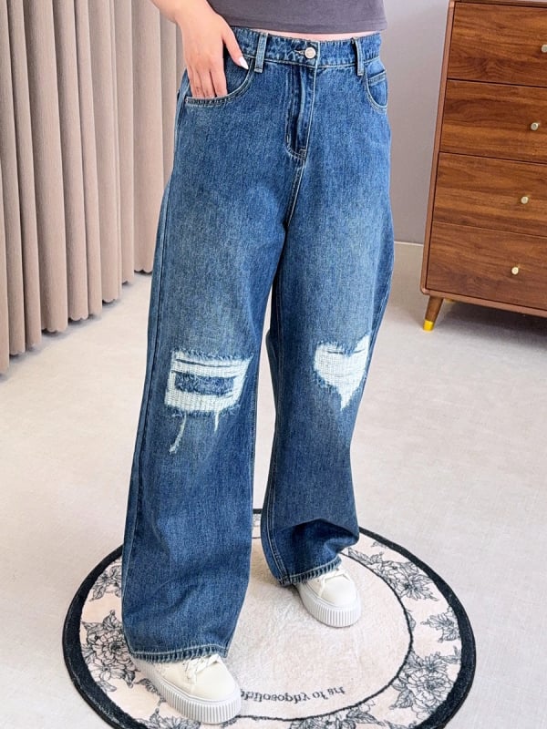 Ženske traperice ravnog kroja, visokim strukom, retro stil s poderotinama, 90–95% pamuk