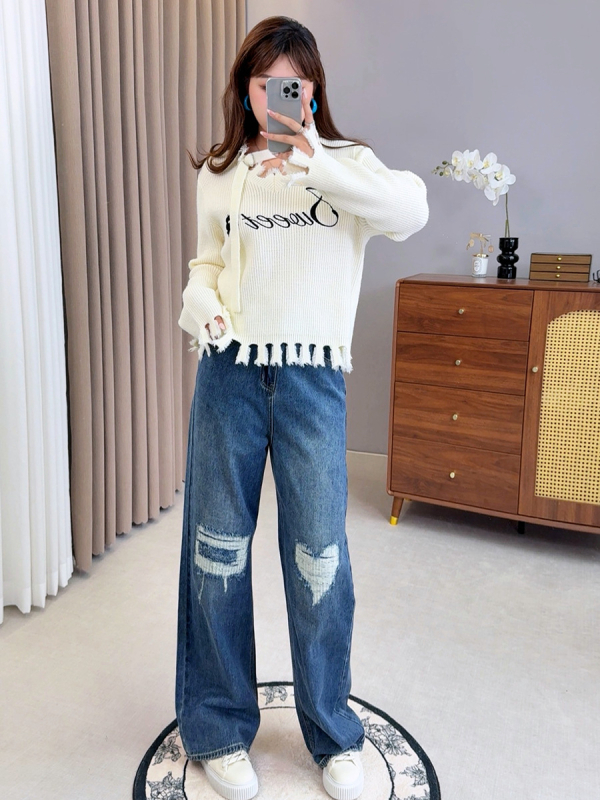 Ženske traperice ravnog kroja, visokim strukom, retro stil s poderotinama, 90–95% pamuk