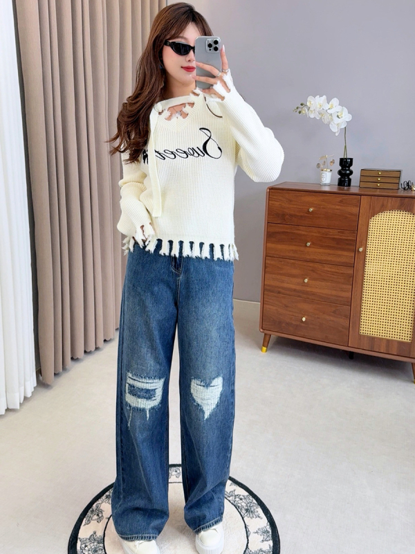 Ženske traperice ravnog kroja, visokim strukom, retro stil s poderotinama, 90–95% pamuk