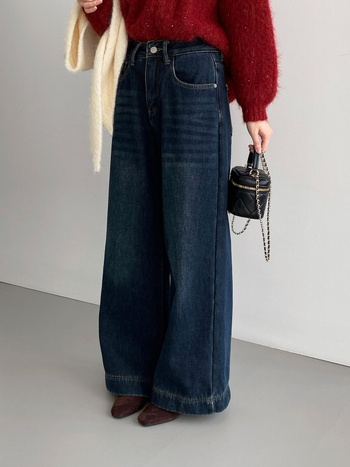 That End široke farmerice s visokim strukom, fleece podstava, debeli, japansko-korejski casual stil