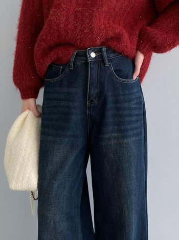 That End široke farmerice s visokim strukom, fleece podstava, debeli, japansko-korejski casual stil