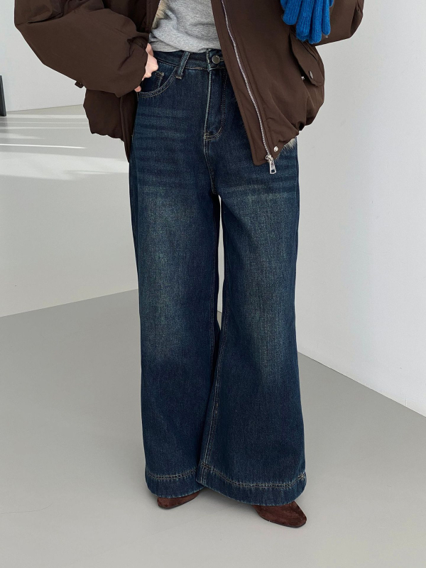 That End široke farmerice s visokim strukom, fleece podstava, debeli, japansko-korejski casual stil