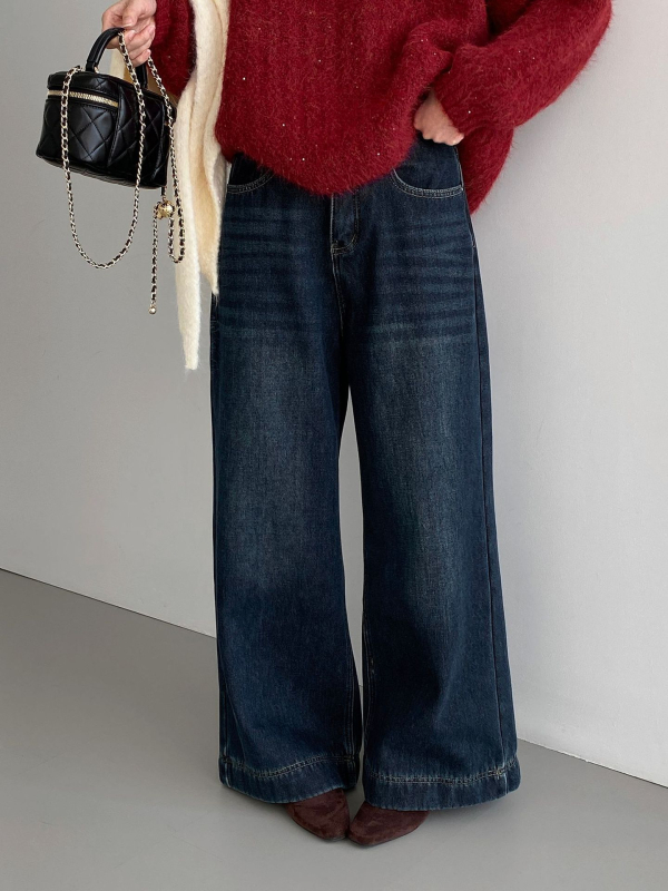 That End široke farmerice s visokim strukom, fleece podstava, debeli, japansko-korejski casual stil