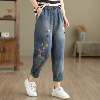 Ženske traperice u korejskom stilu s izvezenim cvijećem, srednje visokim strukom, straight kroj, do gležnja, 70–80% pamuka