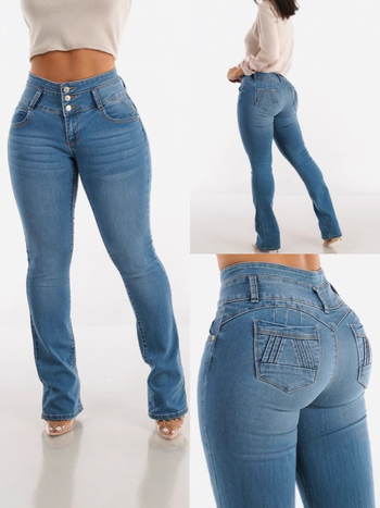 Traperice visokim strukom, uski kroj, bootcut, gumb u obliku potkove, retro zapadnjački stil, denim s pamukom 50–70% i poliesterom 30–50%, visoka elastičnost