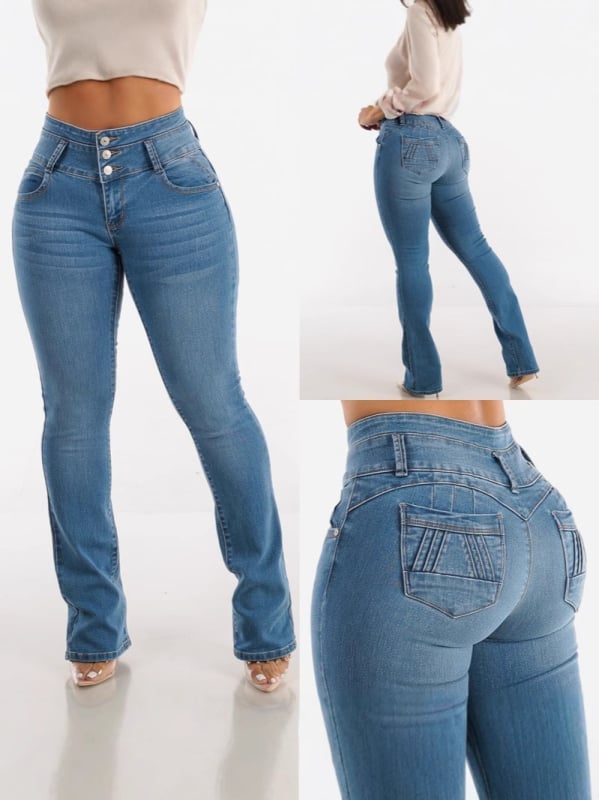 Traperice visokim strukom, uski kroj, bootcut, gumb u obliku potkove, retro zapadnjački stil, denim s pamukom 50–70% i poliesterom 30–50%, visoka elastičnost