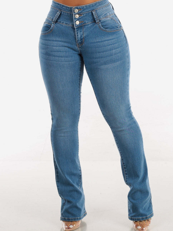 Traperice visokim strukom, uski kroj, bootcut, gumb u obliku potkove, retro zapadnjački stil, denim s pamukom 50–70% i poliesterom 30–50%, visoka elastičnost