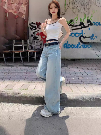 Ženske traperice s niskim strukom, široke nogavice, isprani pamuk-denim, gradski stil