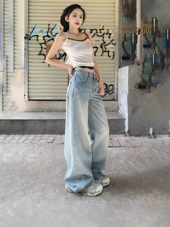 Ženske traperice s niskim strukom, široke nogavice, isprani pamuk-denim, gradski stil