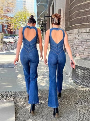 Ženski džins jumpsuit, visokim strukom, retro ulični stil, mikroelastičnost, tehnika koláže/šivenja, proljeće 2025