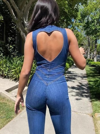 Ženski džins jumpsuit, visokim strukom, retro ulični stil, mikroelastičnost, tehnika koláže/šivenja, proljeće 2025