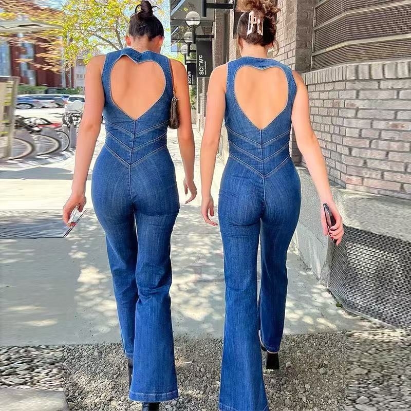 Ženski džins jumpsuit, visokim strukom, retro ulični stil, mikroelastičnost, tehnika koláže/šivenja, proljeće 2025