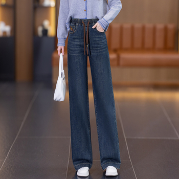 Traperice s visokim strukom, prav kroj, opuštena silueta, elastična struka, pamuk-elastan denim (50–70% pamuka), srednja debljina, zima 2025