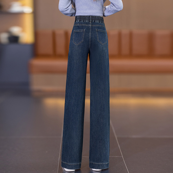 Traperice s visokim strukom, prav kroj, opuštena silueta, elastična struka, pamuk-elastan denim (50–70% pamuka), srednja debljina, zima 2025