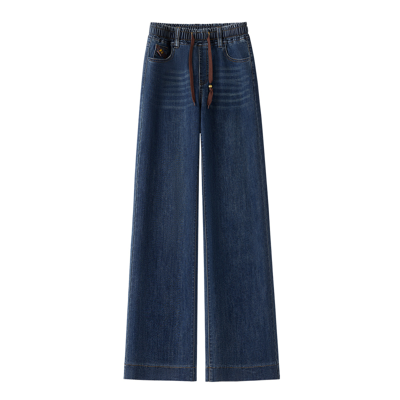 Traperice s visokim strukom, prav kroj, opuštena silueta, elastična struka, pamuk-elastan denim (50–70% pamuka), srednja debljina, zima 2025