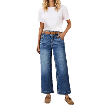 Ženske traperice visokog struka i širokih nogavica, isprani denim, svestran gradski stil